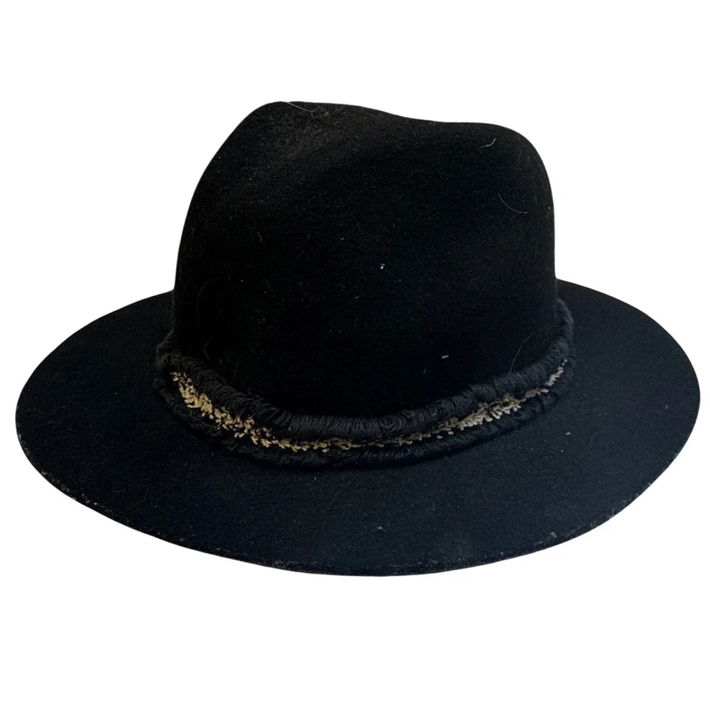 Black 100% Wool Fedora Hat Braided Metallic Gold Trim Boho Wide Brim Flat Top